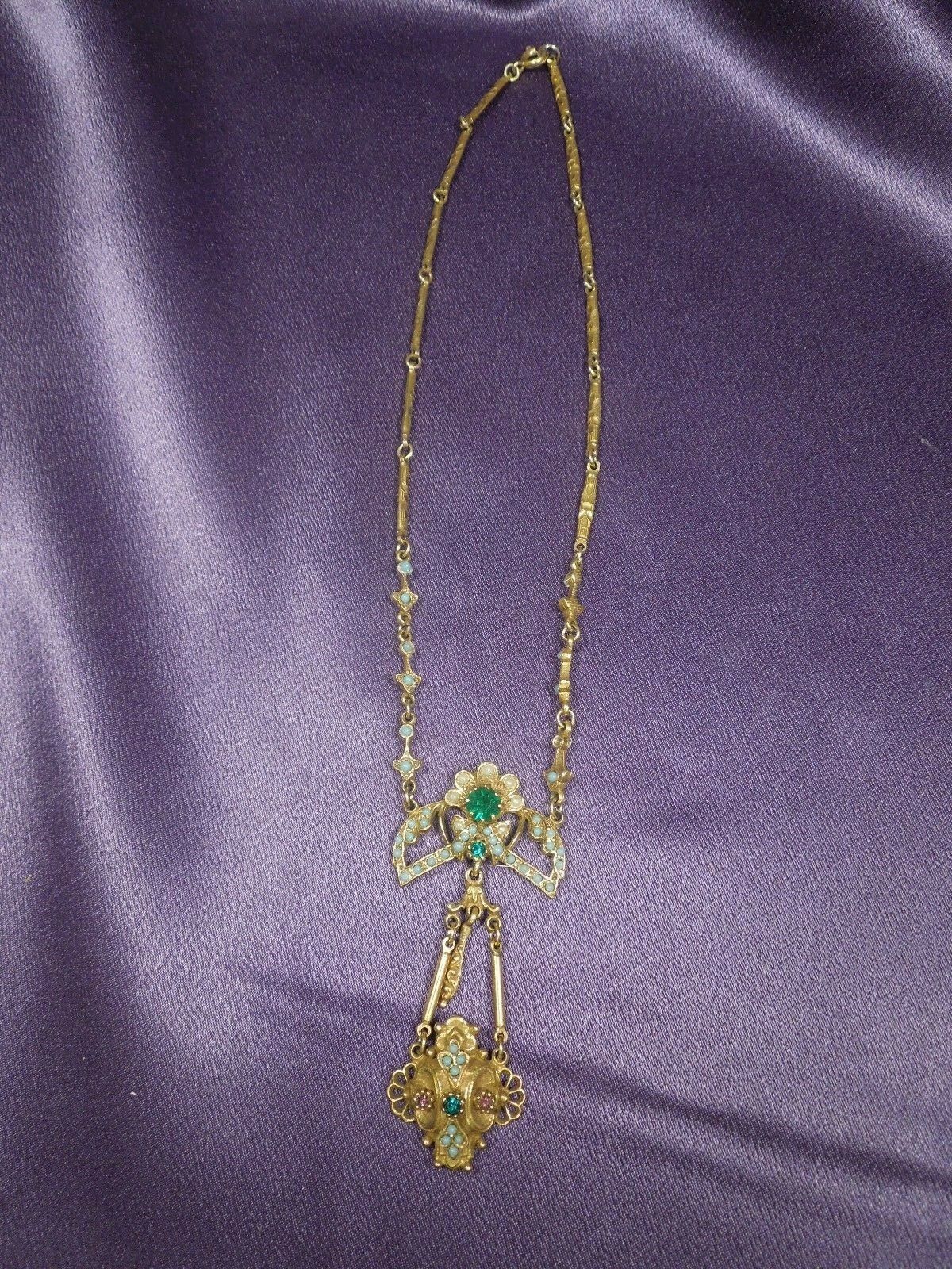 1930's Art Nouveau Art Deco Czech Glass Beaded Brass Pendant Necklace Flapper