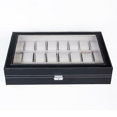 24 Slot Black Leather Watch Box Jewelry Storage Organizer W/ Glass Top Display