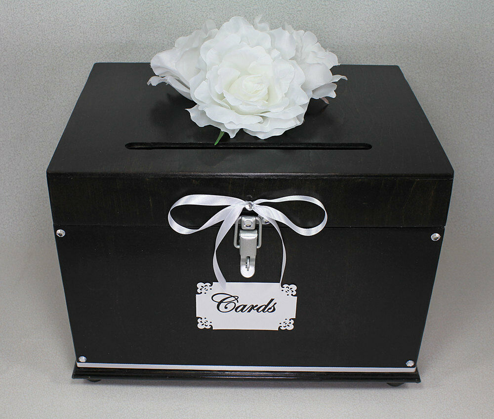 Ebony & White Wooden Wedding Card Box Trunk, Dark Brown, Black, White Wedding...