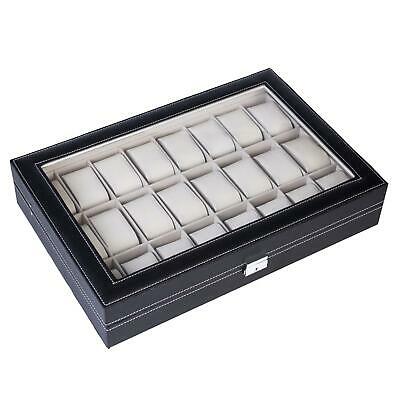 24 Slot Men Watch Box Leather Display Case Organizer Top Glass Jewelry Storage