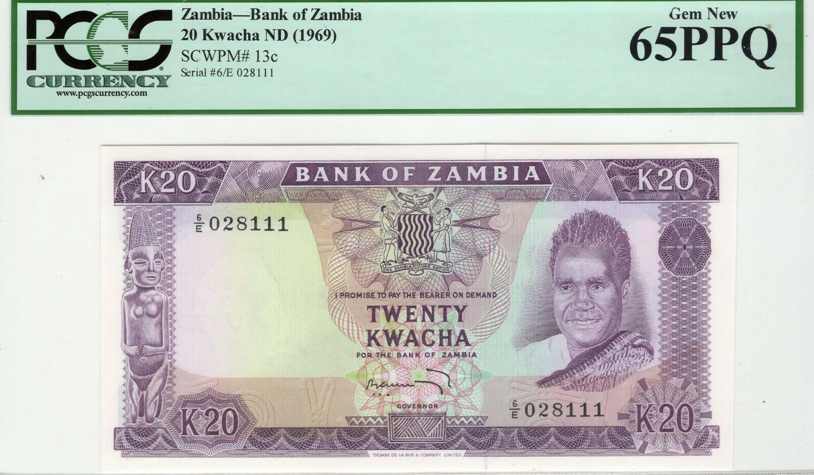 1969 Zambia 20 Kwacha Pick 13c Pcgs 65 Ppq  Gem New