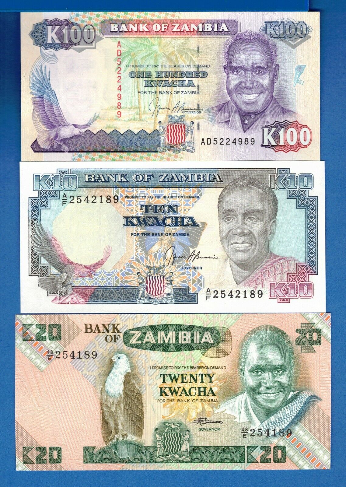 Zambia 10, 20, 100 Kwacha World Paper Money Uncirculated Banknotes Set # 5