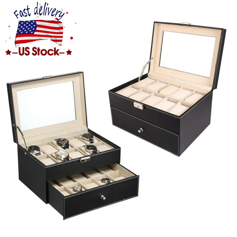 12/20 Slots Watch Box Leather Display Case Organizer Top Glass Jewelry Storage