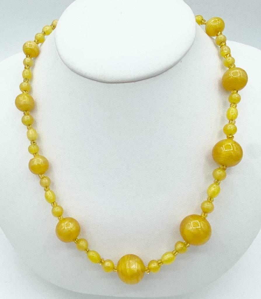 Vintage Art Deco Yellow Satin Glass Beaded Necklace 32"