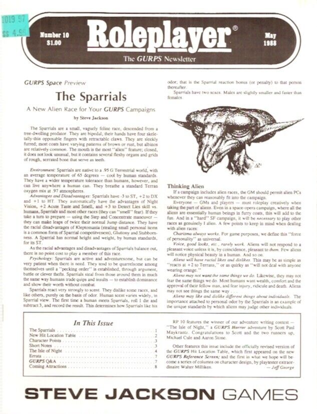 Roleplayer : The Gurps Newsletter 10 1988 / The Sparrials / Steve Jackson